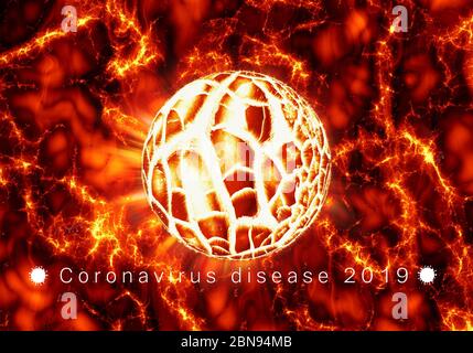 Abstract 3d Rendering Illustration For a fiery Covid 19 cell exploding Stock Photo