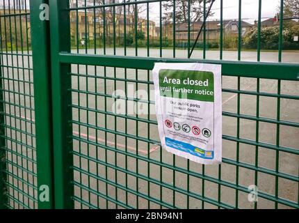 London, United Kingdom - April 03, 2020: Area closed sign on fence in Lewisham park due to coronavirus covid-19. Entering many public places is prohib Stock Photo