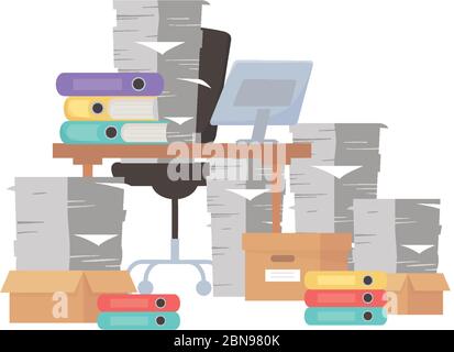 stress at work, desk chair pile of papers and many binders and boxes vector illustration Stock Vector
