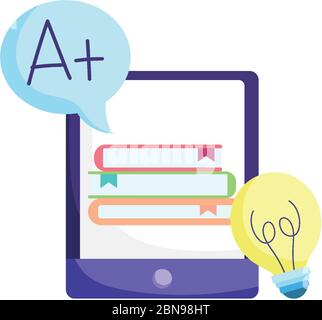 online education, smartphone stacked ebooks score high creativity vector illustration Stock Vector