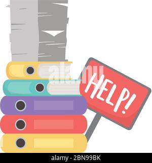 stress at work, help placard pile of papers and binders books office vector illustration Stock Vector