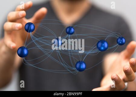 A Abstract futuristic - Molecules technology with polygonal shapes on dark blue background. Stock Photo