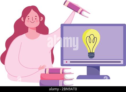 online education, teacher with computer and stack of books vector illustration Stock Vector
