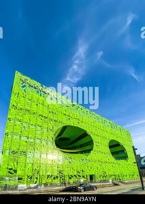 Euronews, european pay television news network brand logo on its headquarter office building located in eco-district Confluence. Mobile photography. L Stock Photo