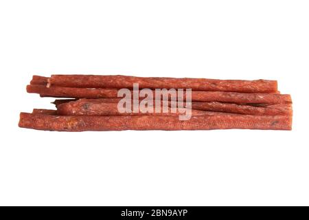 Dry salmon sticks isolated on white background. Snack Fish to beer. Close up Stock Photo