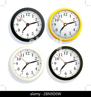 Set round wall clock with a yellow, black and white body, isolated on white background. Stock Vector