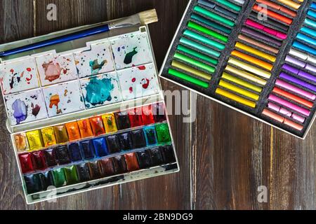 Artist Paint Brushes,chalks and Watercolor Paintbox on Wooden  Background.Painting Hobby Background.Paintings Art Concept Stock  Illustration - Illustration of illustrator, creativity: 179250507