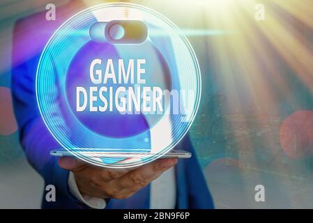 Handwriting text Game Designer. Conceptual photo Campaigner Pixel Scripting Programmers Consoles 3D Graphics Stock Photo