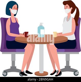 women using face mask meeting in wooden table Stock Vector