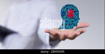 A head with symbol neurons in brain Stock Photo