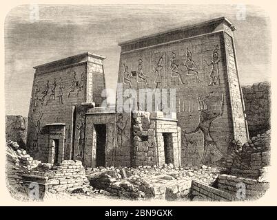 Pillars of the Temple of Isis on Philae island, Egypt, Africa. Old 19th century engraved illustration, Le Tour du Monde 1863 Stock Photo