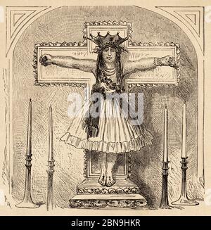 Crucifix of a woman in the church of Combapata, Canchis province, Cusco department. Peru, South America. Old 19th century engraved illustration, Le Tour du Monde 1863 Stock Photo