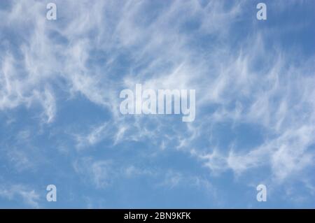 Image of a few separate clouds that form white and fibrous filaments called Cirrus on the blue sky that announce the good weather Stock Photo