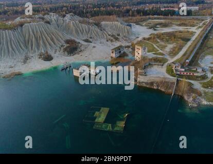 Aerial of Rummu quarry with the soviet underwater prison Stock Photo
