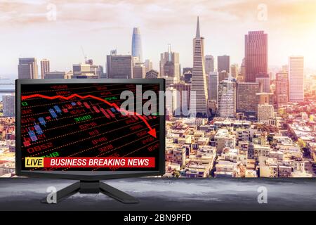 Live business breaking news on TV screen with stock and financial indicators showing economic downturn or recession and San Francisco city background.