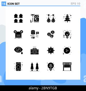 Group of 16 Modern Solid Glyphs Set for record, tree, law, plant, jewelry Editable Vector Design Elements Stock Vector