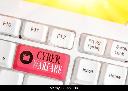 Word writing text Cyber Warfare. Business photo showcasing Virtual War Hackers System Attacks Digital Thief Stalker Stock Photo