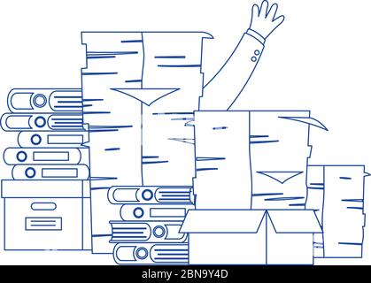 stress at work, hand pile of papers and many binders and boxes vector illustration Stock Vector