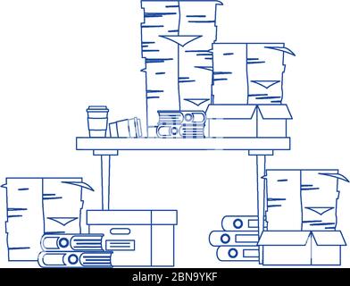 stress at work, desk coffee cups pile of papers and many binders and boxes vector illustration Stock Vector