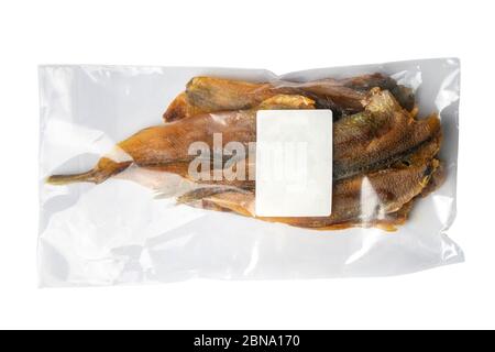 Dried perch in a transparent package white label appetizer to beer isolated on white background. Snack Fish to beer. Close up Stock Photo