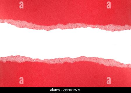 Ripped pieces of red paper isolated on white background. Paper piece torn edge. Rip sheet paper tears. Copy space, frame, banner Stock Photo