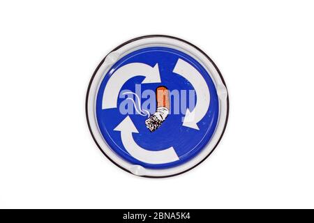 Tin ashtray with cigarette stub illustration, isolated on a white background Stock Photo