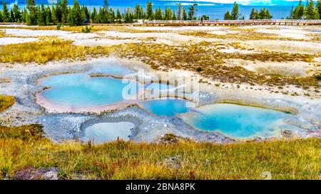 The turquoise colored Painted Pool in the West Thumb Geyser Basin in Yellowstone National Park, Wyoming, United States Stock Photo