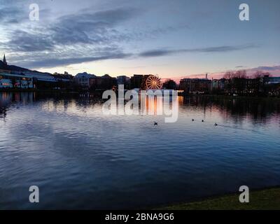 Panoramic shot of Bergen Christmas market or Julemarked in Norway Stock Photo