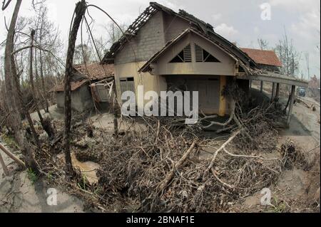 Road covered with ash, dead trees and damaged houses from the recent ...