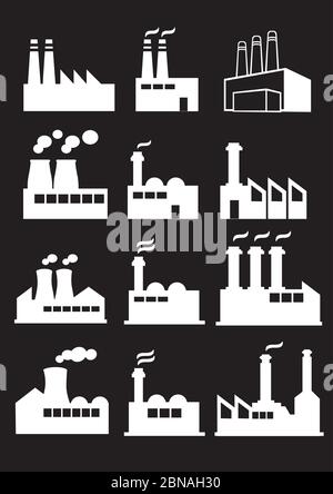 Set of twelve vector illustration of industrial factories with huge chimneys in white isolated on black background. Stock Vector