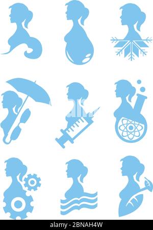 Silhouette of women side view with conceptual symbols. Vector icon set in blue isolated on white background. Stock Vector