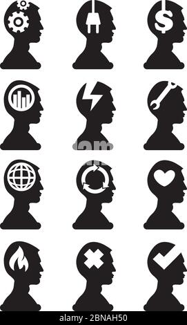 Black and white vector illustrations of man silhouette in side view with conceptual symbols in his head isolated on white background. Stock Vector