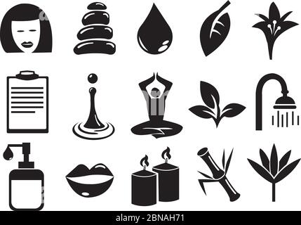 Black and white isolated vector icons related to beauty, spa, relaxation and meditation. Stock Vector