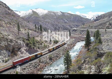 FLORISTON, CALIFORNIA, UNITED STATES - Apr 12, 2020: A freight train passes along the Truckee River in a canyon beneath the peaks of the Sierra Nevada Stock Photo