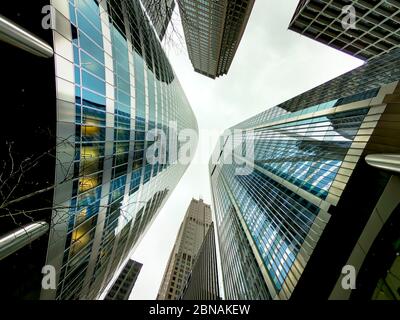 Upward view of chicago skyscrapers and tall office buildings.  Showcasing various architectural styles. Illinois usa. Stock Photo