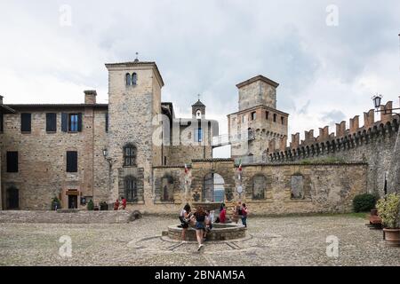 Vigoleno,Italy- July 22, 2018:View of the little square of Vigoleno, one of the most beautiful villages in Italy during a cloudy day. Stock Photo