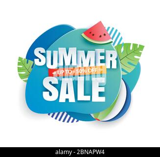 Summer sale banner paper cut template. Blue abstract geometric. Use for poster, sticker, badge, ads, tag. Stock Vector