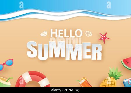 Hello summer beach top view travel and vacation background. Use for banner template, greeting card, invitation, wave and sand poster. Stock Vector