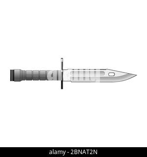 Millitary, hunting large knife with sharp blade and grey handle. Dangerous weapon on white background Stock Vector