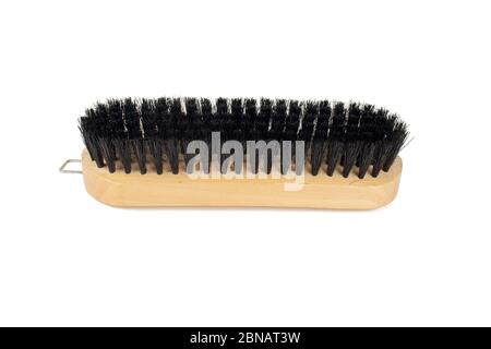 Wooden clothes and shoe brush with black bristle isolated on white background Stock Photo