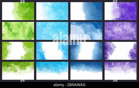 Big bundle set of bright vector colorful green azure blue purple watercolor background for poster, brochure, card, flyer, template or web banner Stock Vector
