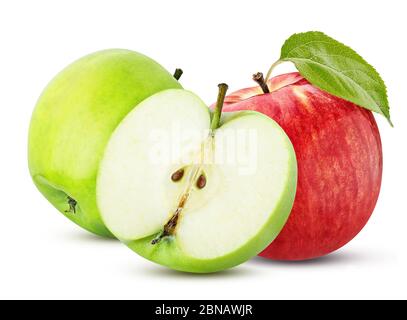 three green red apple sliced isolated on a white background with clipping path Stock Photo