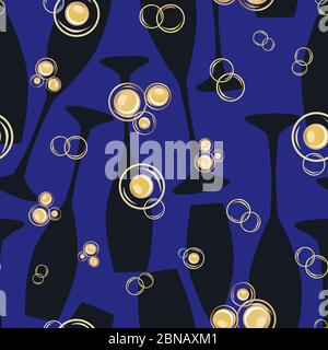 Abstract champagne bubbles vector seamless pattern background. Clusters of drops on drinks glasses silhouette indigo black gold backdrop. Elegant Stock Vector