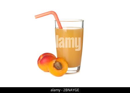 Glass with juice and apricots isolated on white background Stock Photo