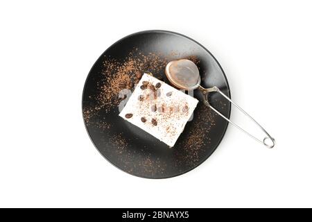 Plate with tiramisu isolated on white background. Tasty dessert Stock Photo