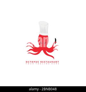 This is an image of an octopus mascot logo that wears a chef's hat and holds a kitchen knife in its tentacles. This logo is suitable for use in restau Stock Vector