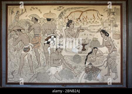 Horizontal shot of a mural painting in Puri Lukisan, Museum of Modern Balinese Arts, Ubud, Bali, Indonesia Stock Photo