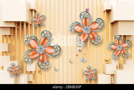 3D wallpaper design with florals for photomural background For home wall wallpaper design Stock Photo