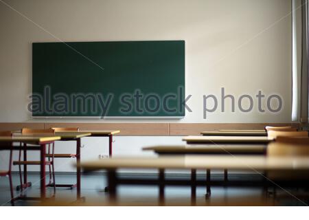 An empty school classroom in Germany during the Corona crisis as lockdown continues in some parts Stock Photo