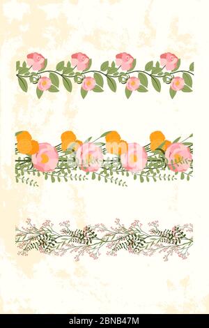 Natural spring style seamless vector floral pattern. Template for border and frame. Pink rose, peony, yellow dandelion, green leaf and leaves branches. Stock Vector